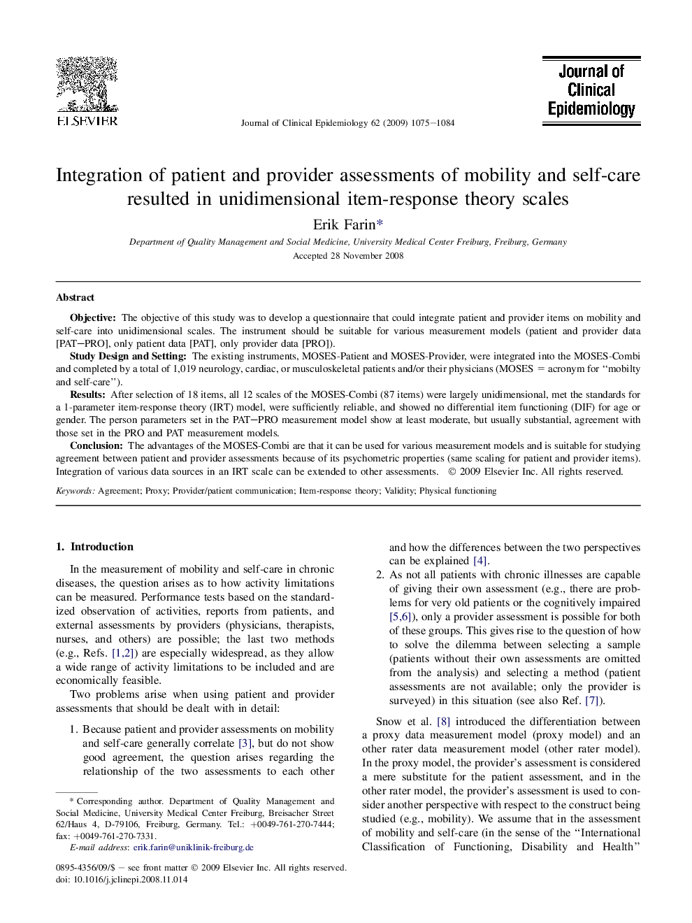 Integration of patient and provider assessments of mobility and self-care resulted in unidimensional item-response theory scales