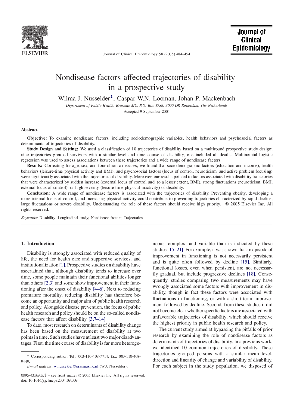عکس صفحه اول مقاله: Nondisease factors affected trajectories of disability in a prospective study Nondisease factors affected trajectories of disability in a prospective study