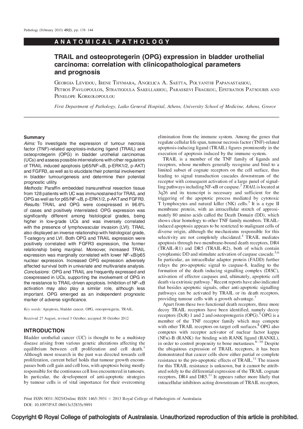 TRAIL and osteoprotegerin (OPG) expression in bladder urothelial carcinoma: correlation with clinicopathological parameters and prognosis