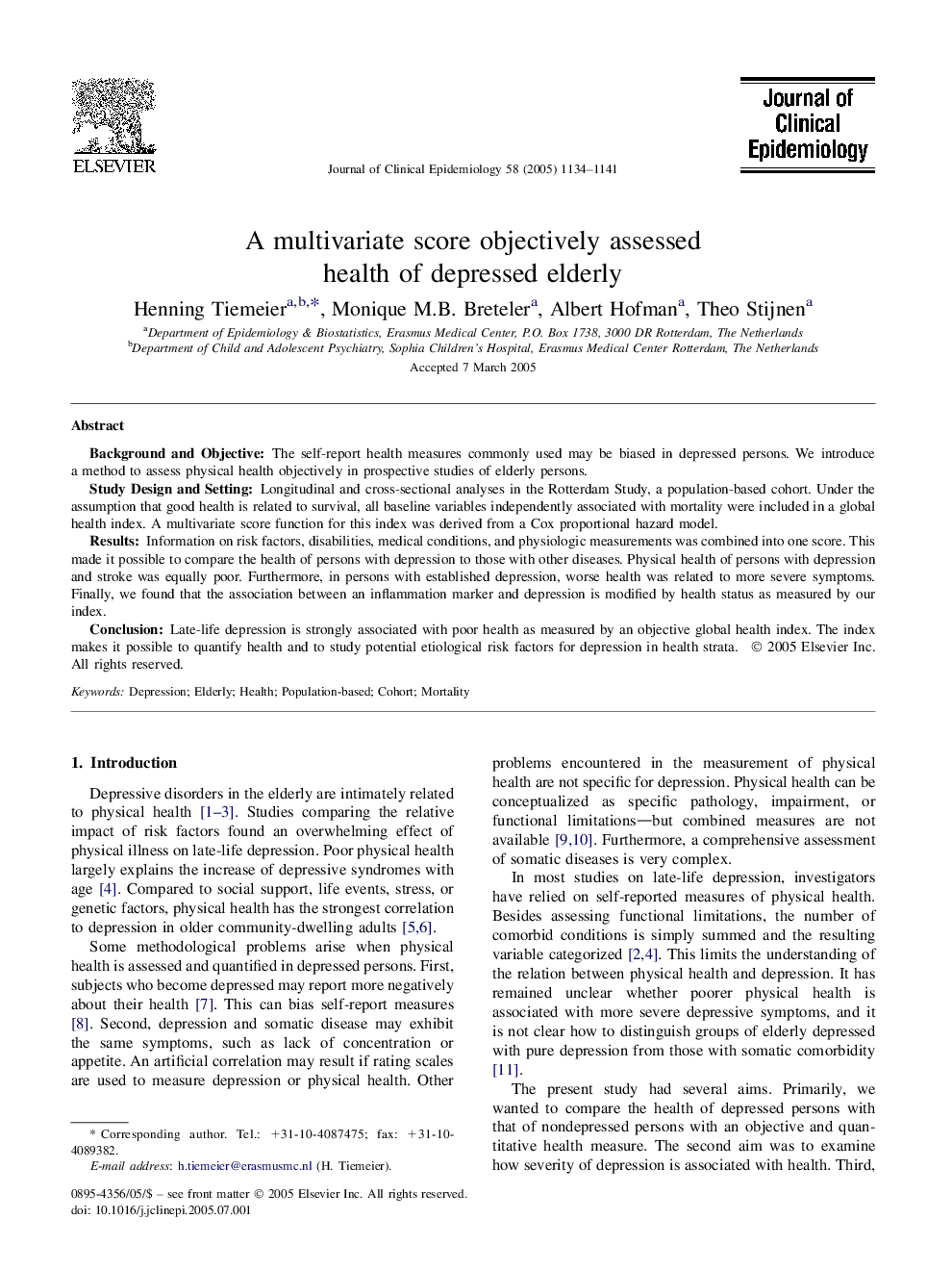 A multivariate score objectively assessed health of depressed elderly