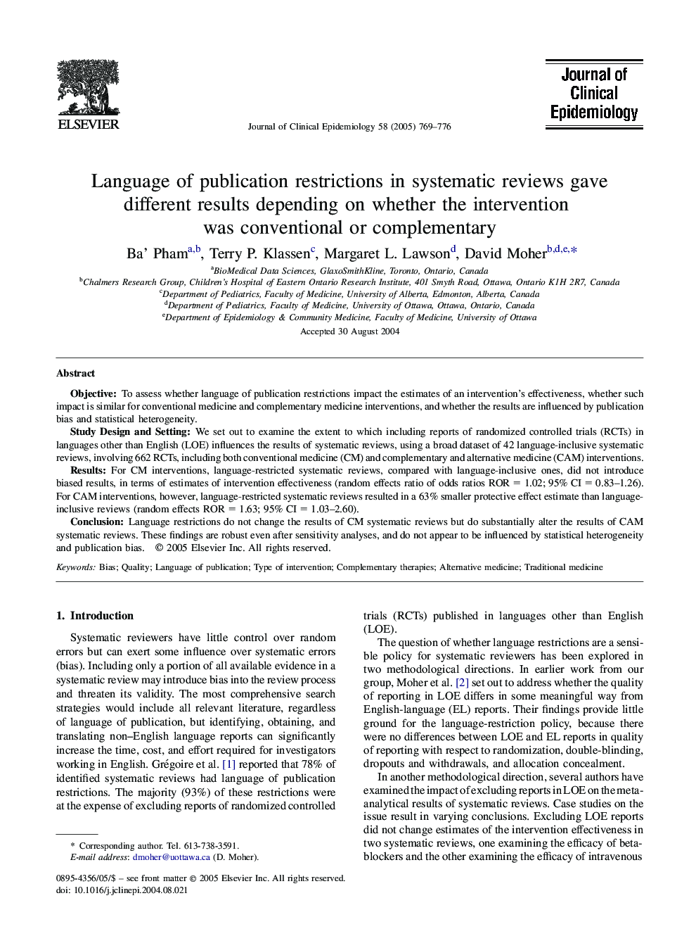 Language of publication restrictions in systematic reviews gave different results depending on whether the intervention was conventional or complementary