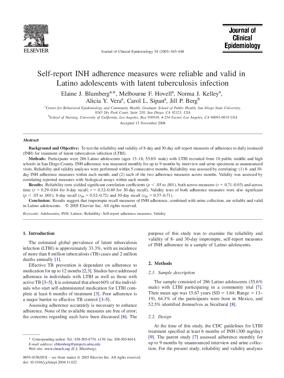 Self-report INH adherence measures were reliable and valid in Latino adolescents with latent tuberculosis infection