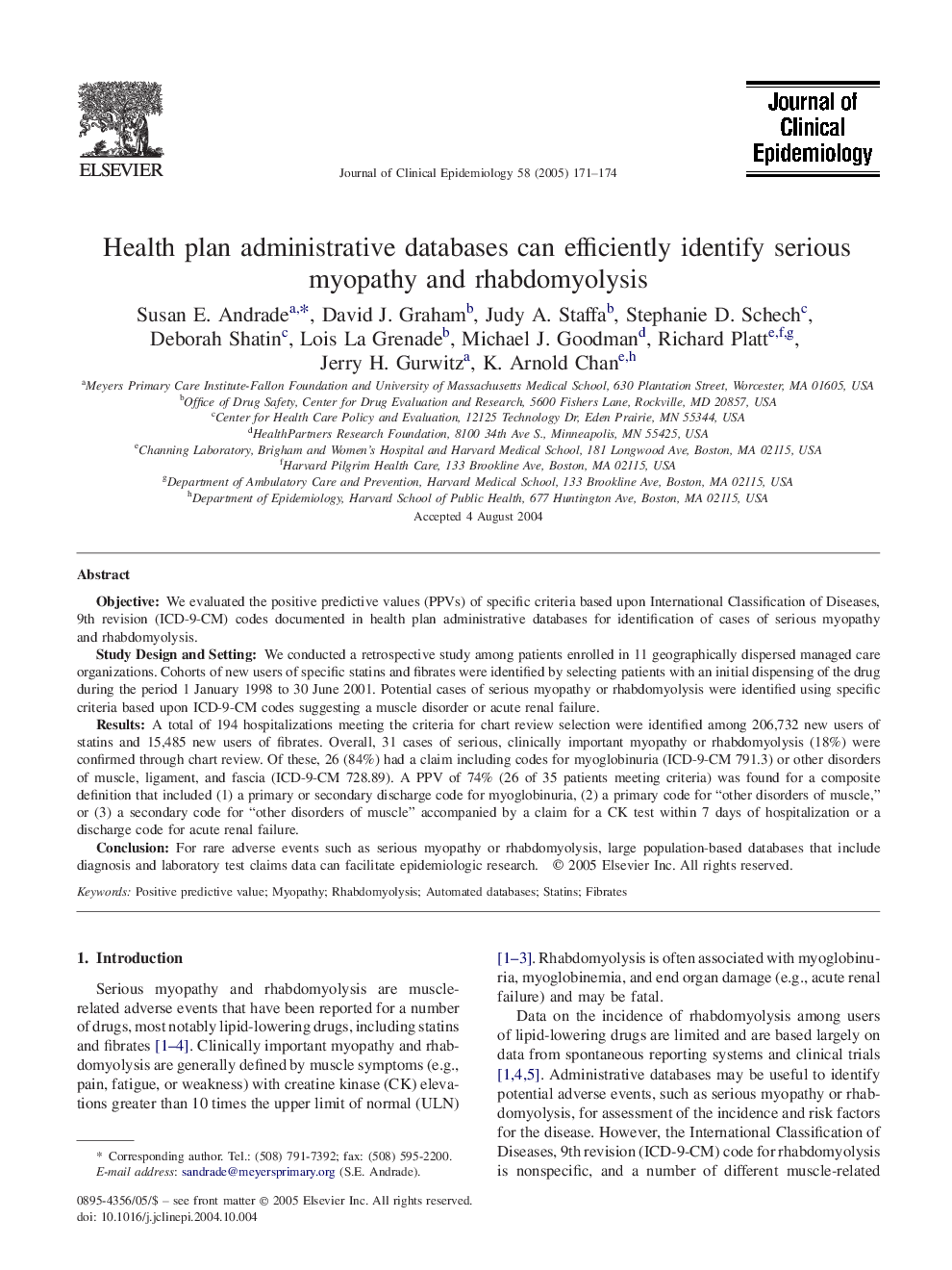 Health plan administrative databases can efficiently identify serious myopathy and rhabdomyolysis