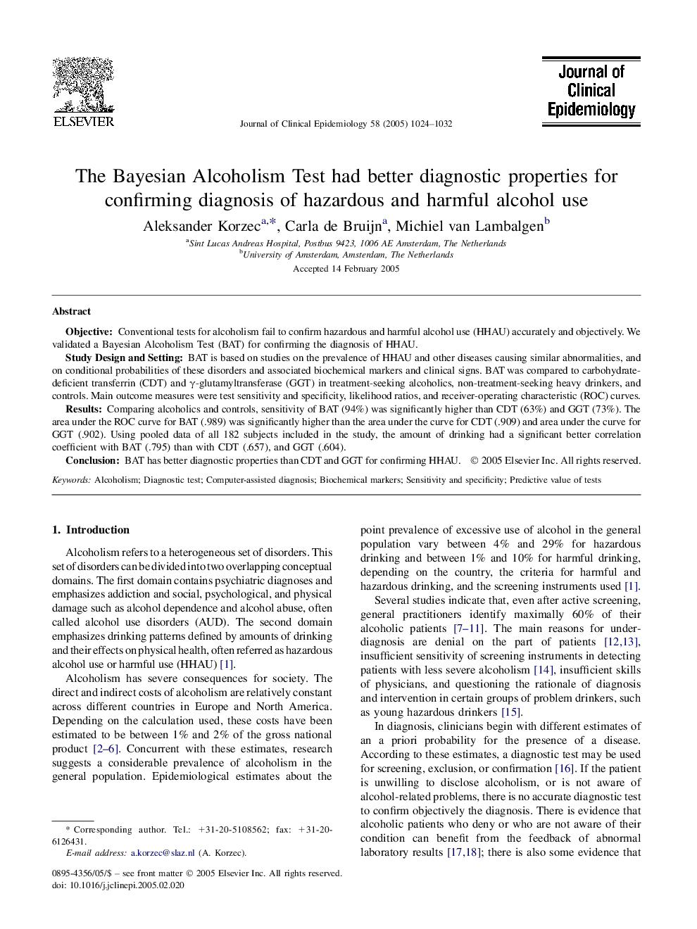 The Bayesian Alcoholism Test had better diagnostic properties for confirming diagnosis of hazardous and harmful alcohol use