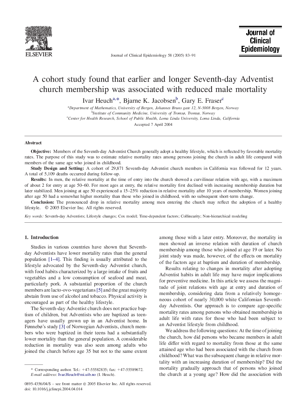 A cohort study found that earlier and longer Seventh-day Adventist church membership was associated with reduced male mortality