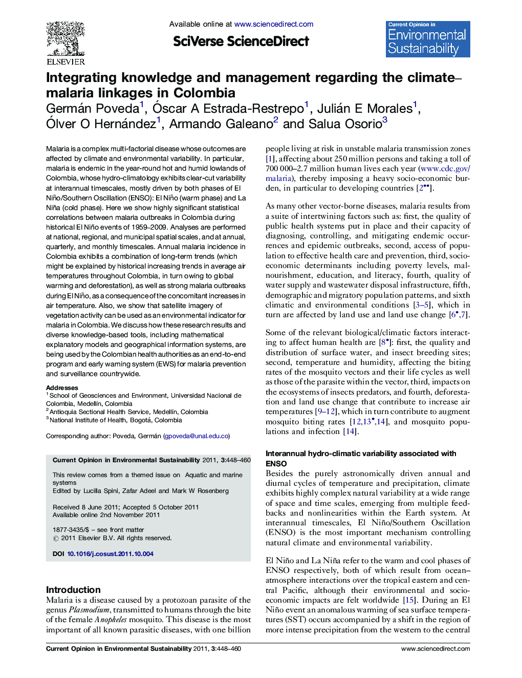 Integrating knowledge and management regarding the climate–malaria linkages in Colombia