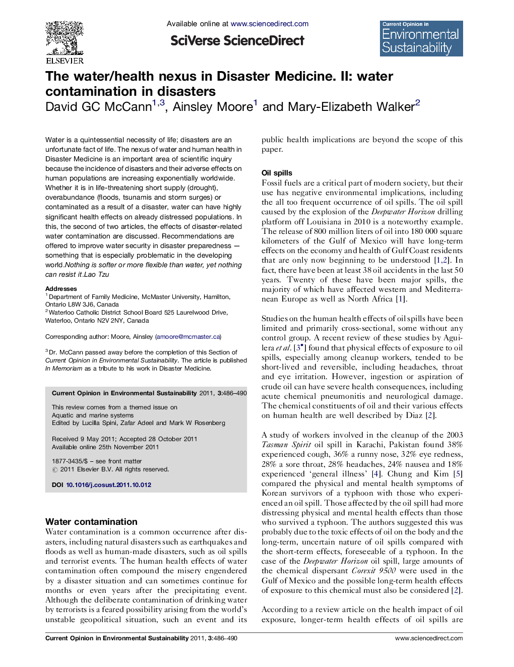 The water/health nexus in Disaster Medicine. II: water contamination in disasters