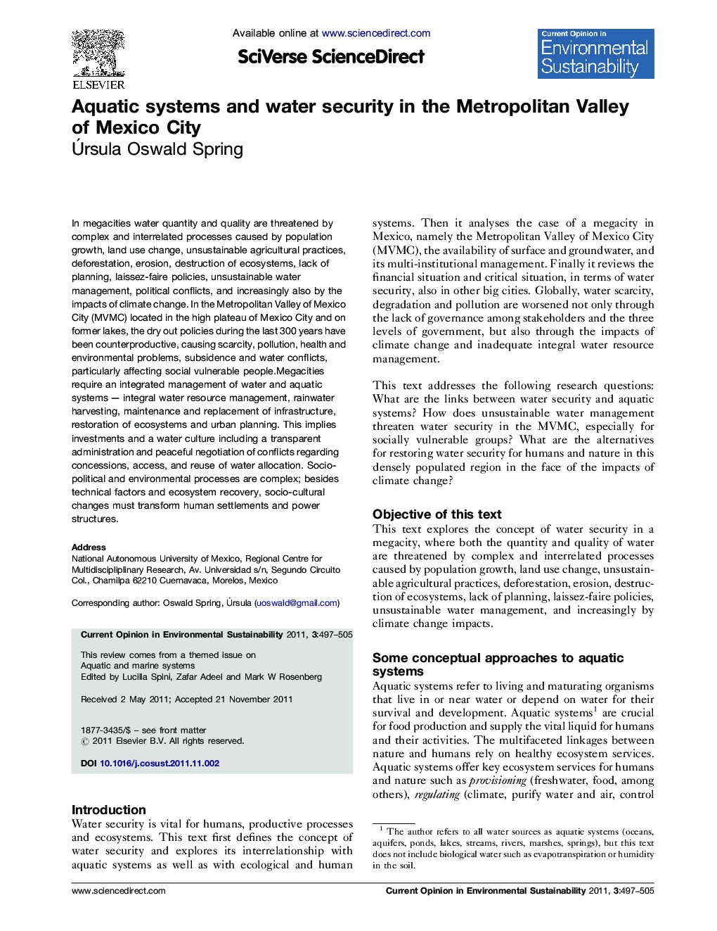 Aquatic systems and water security in the Metropolitan Valley of Mexico City