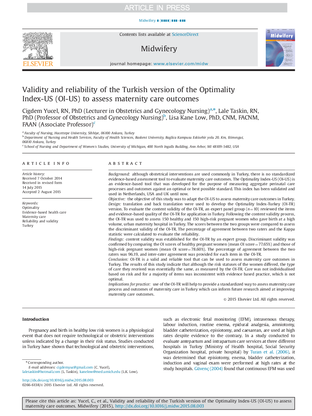 Validity and reliability of the Turkish version of the Optimality Index-US (OI-US) to assess maternity care outcomes