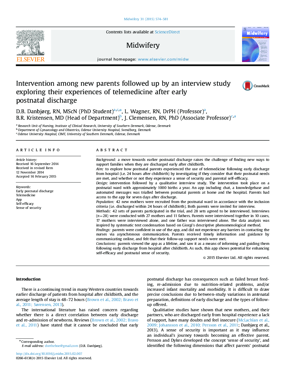 Intervention among new parents followed up by an interview study exploring their experiences of telemedicine after early postnatal discharge