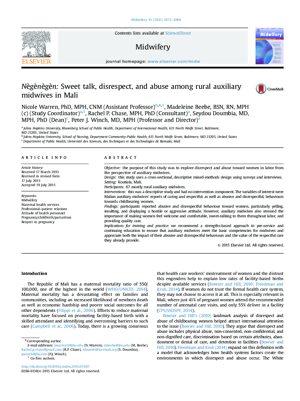 NÃ¨gÃ¨nÃ¨gÃ¨n: Sweet talk, disrespect, and abuse among rural auxiliary midwives in Mali