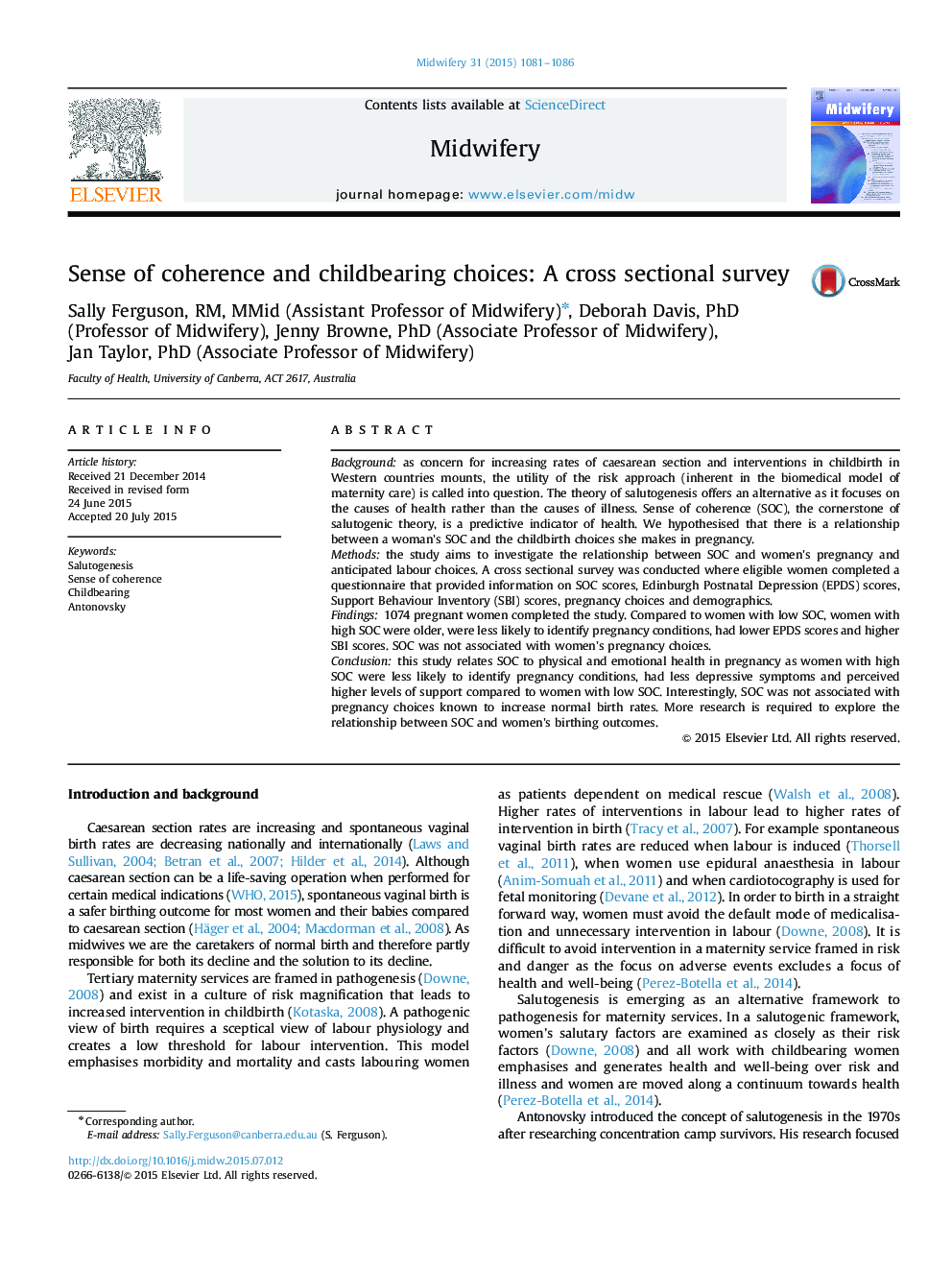 Sense of coherence and childbearing choices: A cross sectional survey