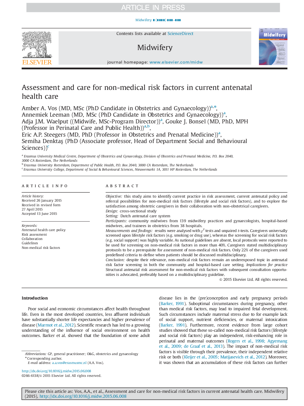 Assessment and care for non-medical risk factors in current antenatal health care