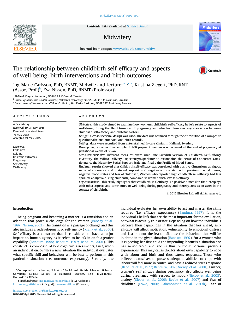 The relationship between childbirth self-efficacy and aspects of well-being, birth interventions and birth outcomes