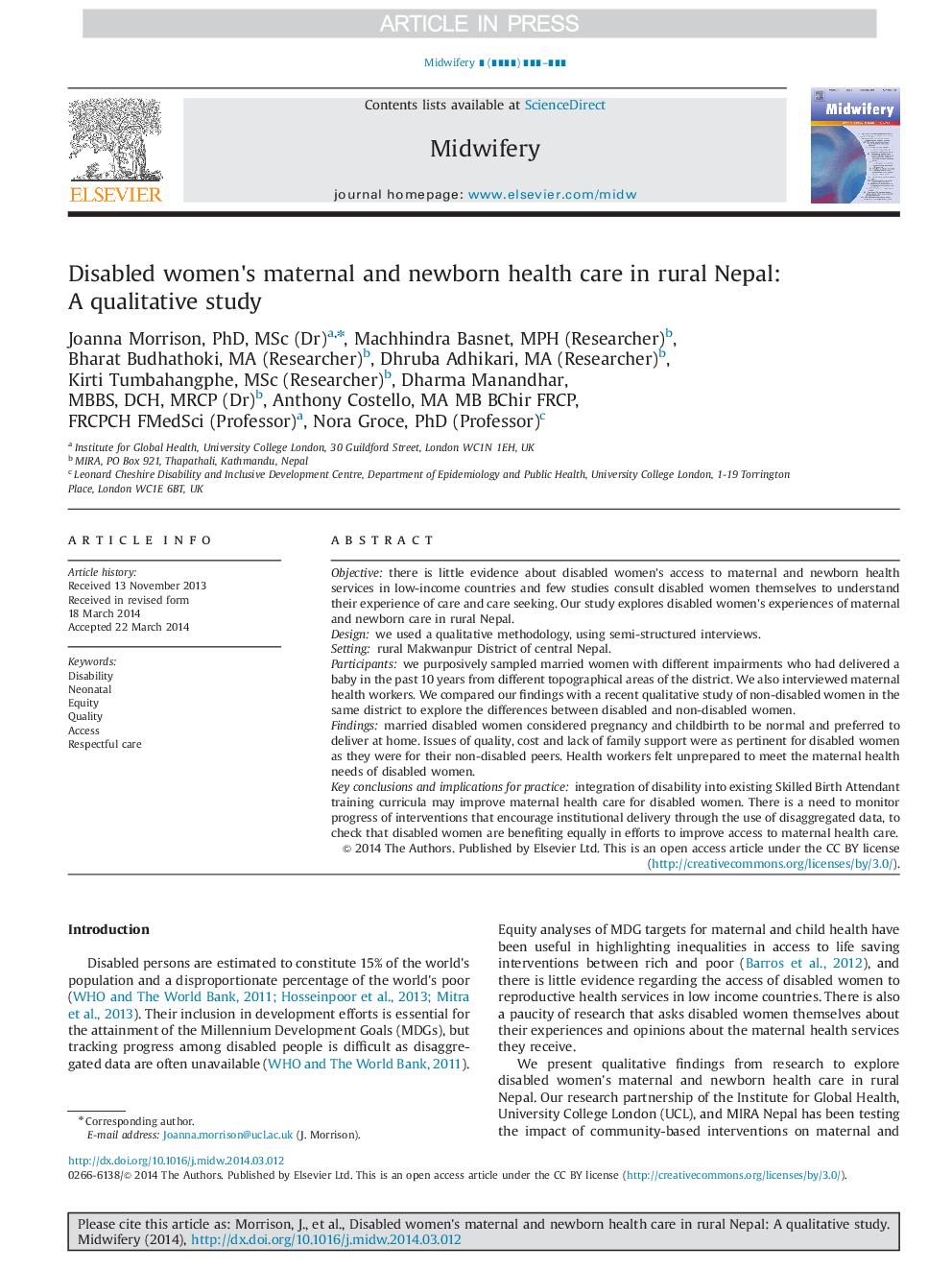 Disabled women×³s maternal and newborn health care in rural Nepal: A qualitative study