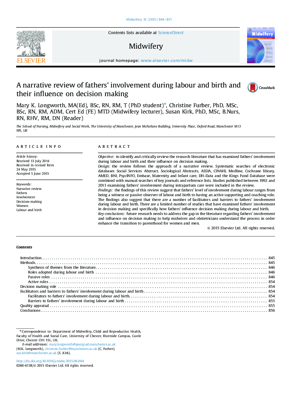 A narrative review of fathers' involvement during labour and birth and their influence on decision making