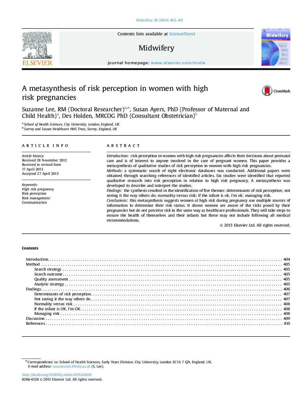 A metasynthesis of risk perception in women with high risk pregnancies