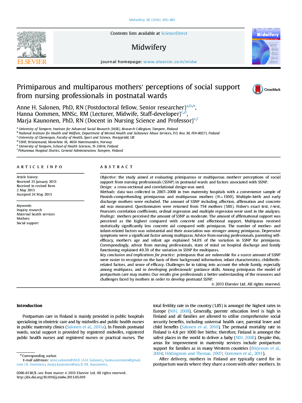 Primiparous and multiparous mothers' perceptions of social support from nursing professionals in postnatal wards