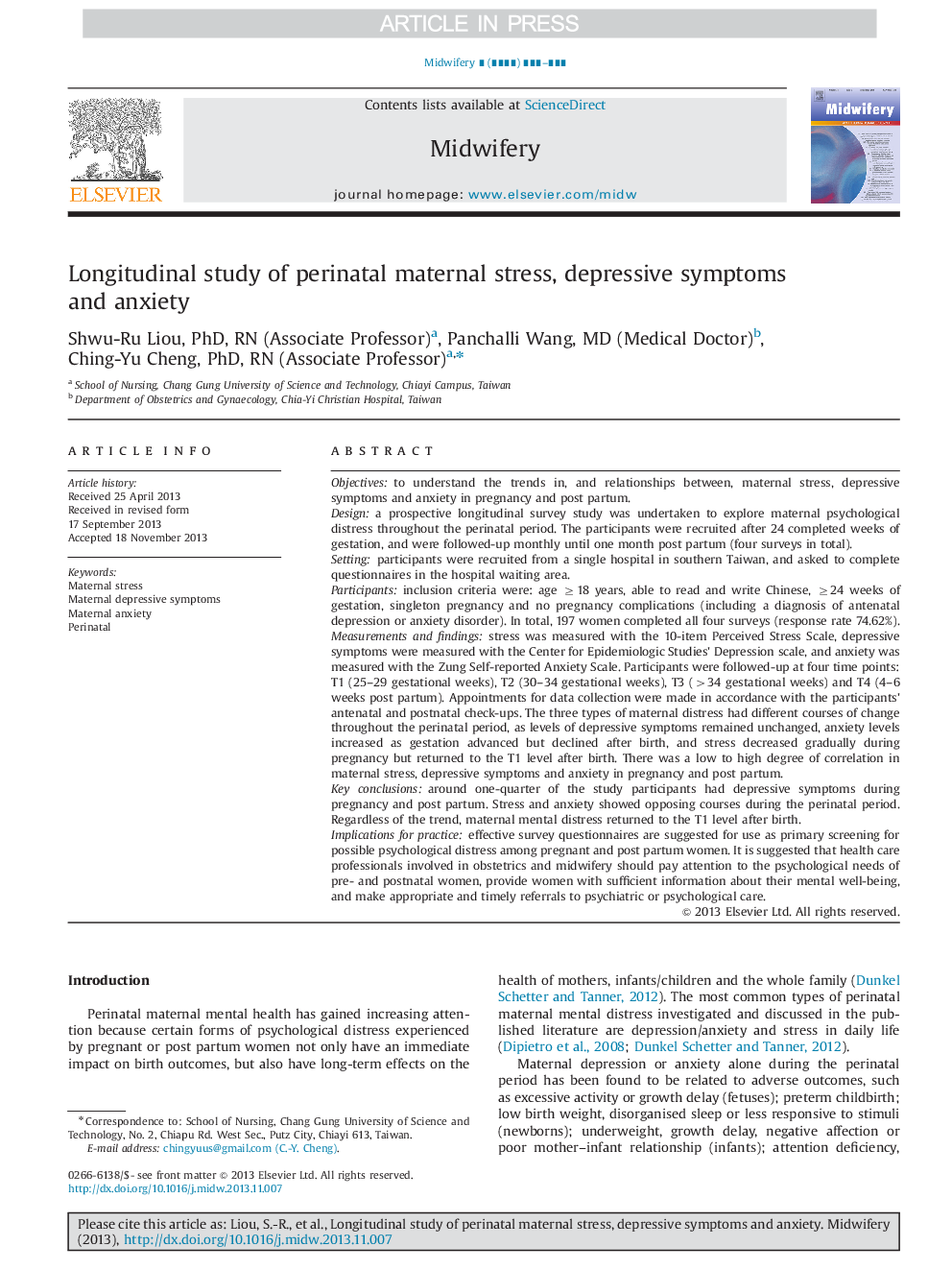 Longitudinal study of perinatal maternal stress, depressive symptoms and anxiety