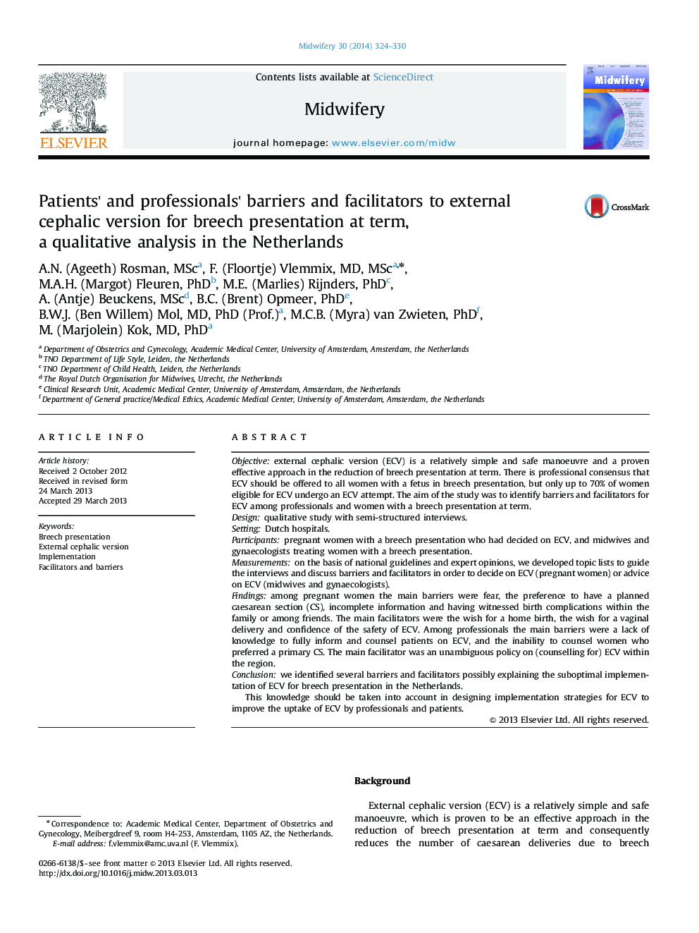 Patients' and professionals' barriers and facilitators to external cephalic version for breech presentation at term, a qualitative analysis in the Netherlands