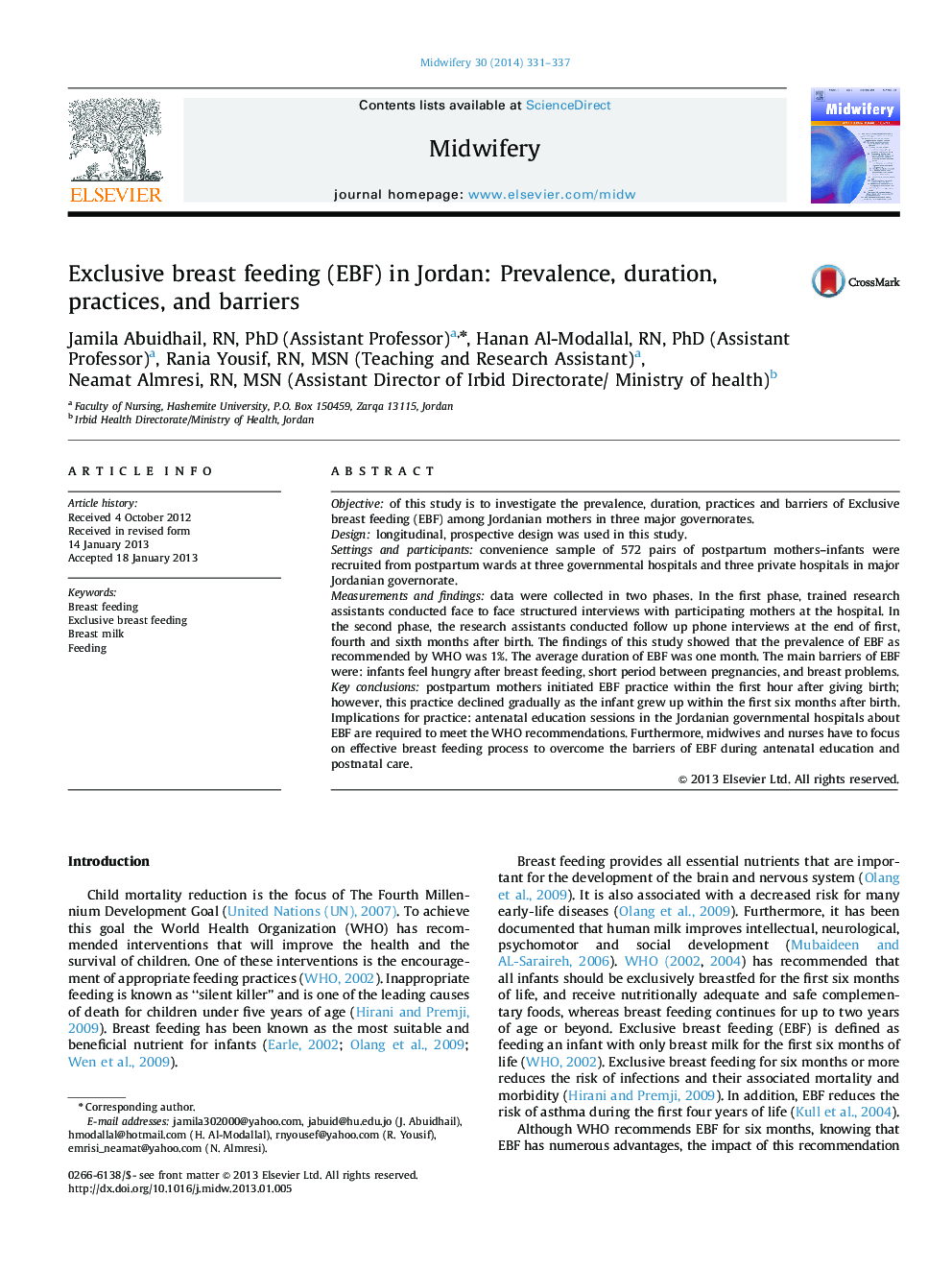 Exclusive breast feeding (EBF) in Jordan: Prevalence, duration, practices, and barriers