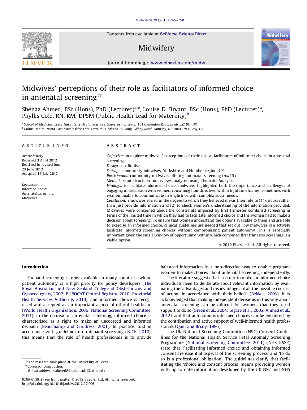 Midwives' perceptions of their role as facilitators of informed choice in antenatal screening