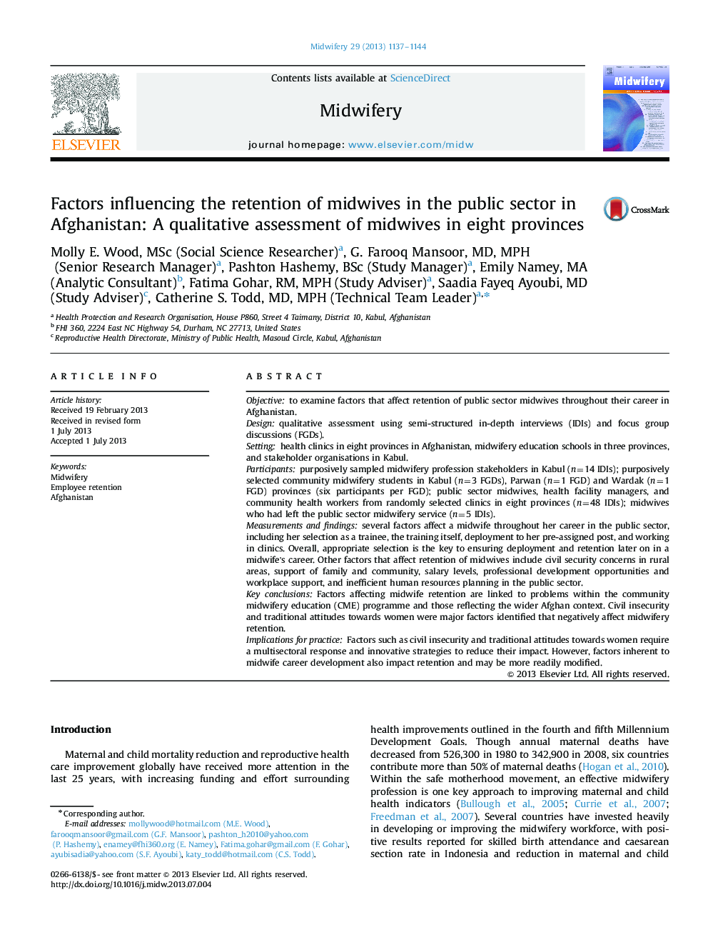 Factors influencing the retention of midwives in the public sector in Afghanistan: A qualitative assessment of midwives in eight provinces