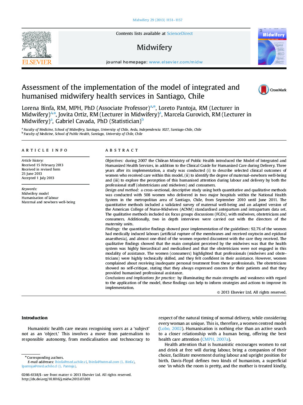 Assessment of the implementation of the model of integrated and humanised midwifery health services in Santiago, Chile