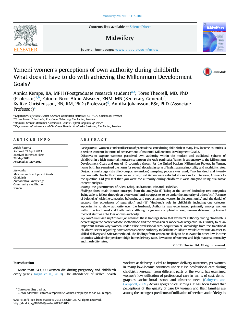 Yemeni women's perceptions of own authority during childbirth: What does it have to do with achieving the Millennium Development Goals?
