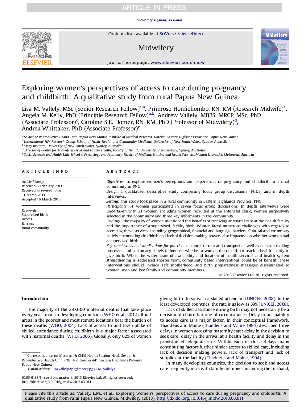 Exploring women's perspectives of access to care during pregnancy and childbirth: A qualitative study from rural Papua New Guinea