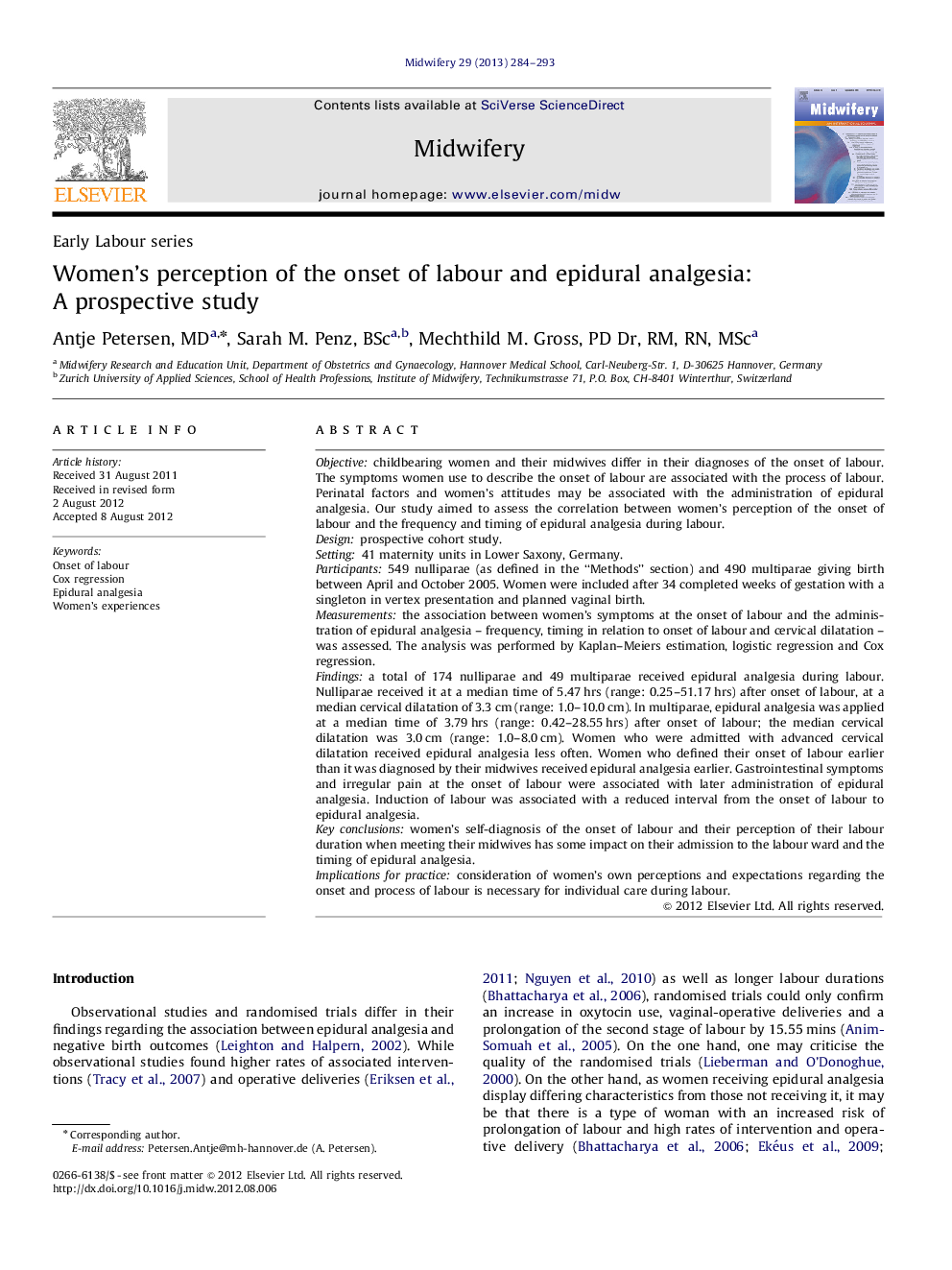 Women's perception of the onset of labour and epidural analgesia: A prospective study