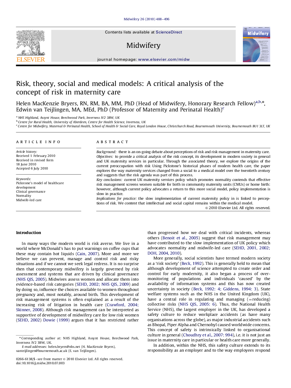 Risk, theory, social and medical models: A critical analysis of the concept of risk in maternity care