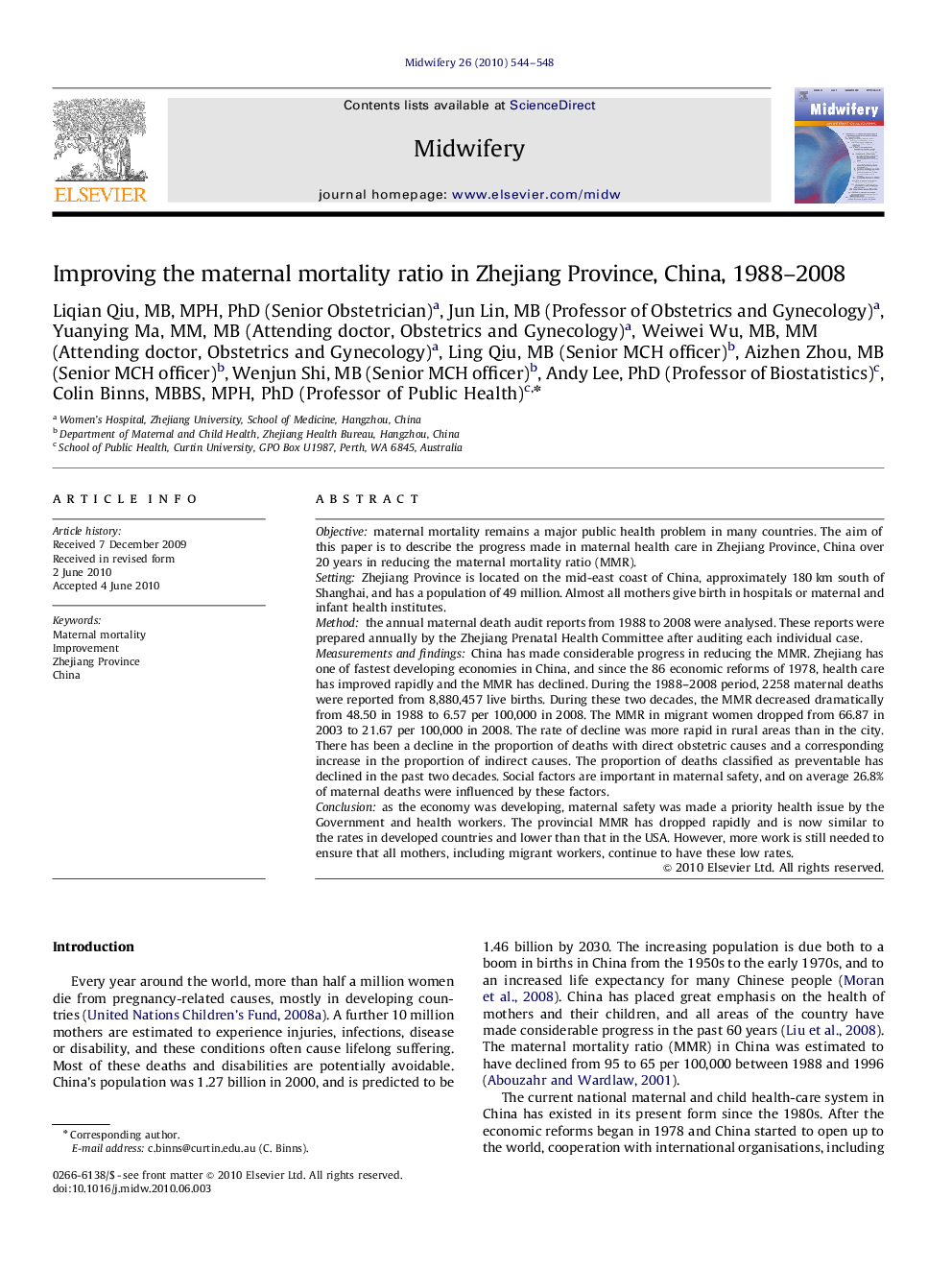 Improving the maternal mortality ratio in Zhejiang Province, China, 1988-2008