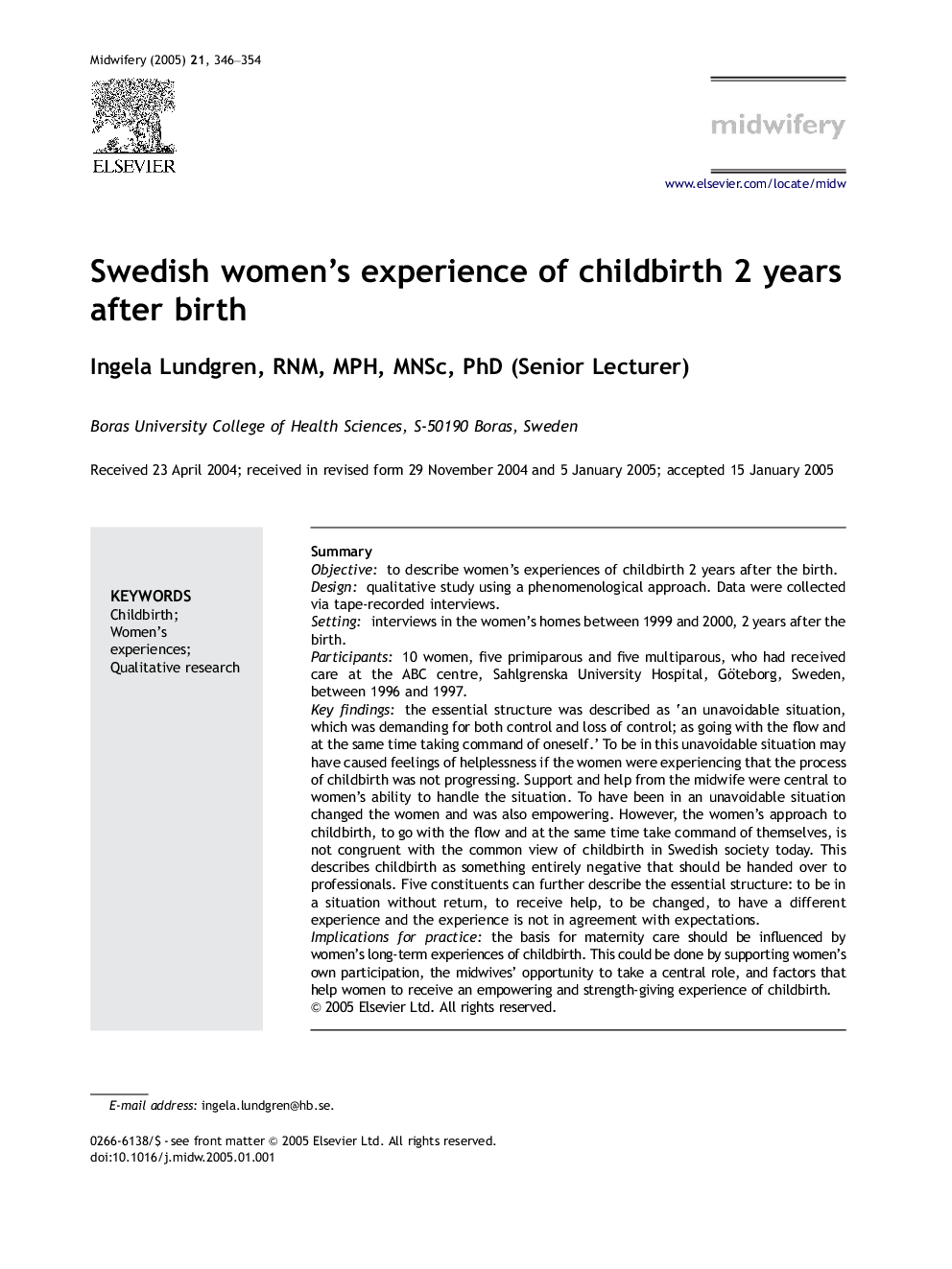 Swedish women's experience of childbirth 2 years after birth