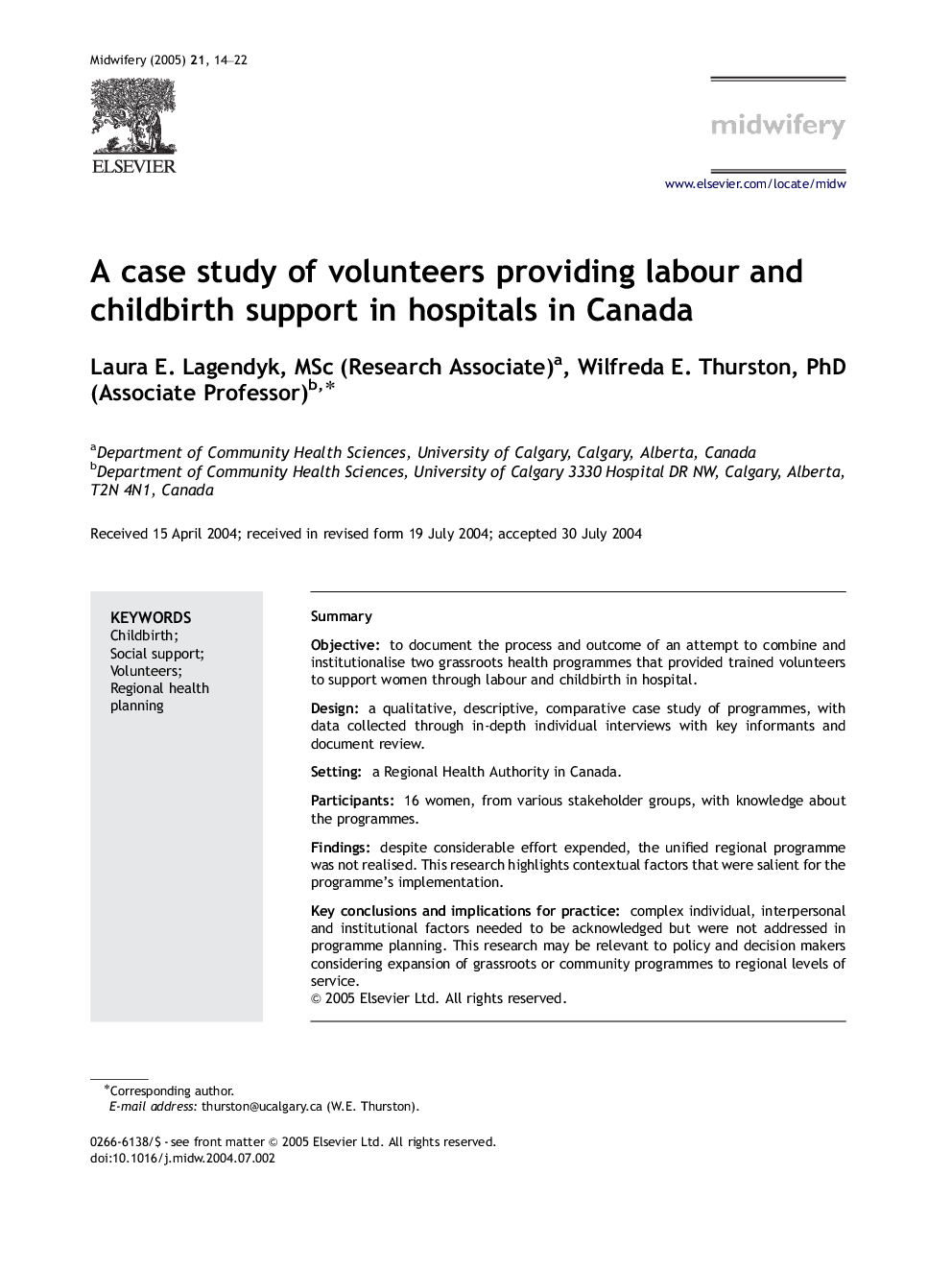 A case study of volunteers providing labour and childbirth support in hospitals in Canada