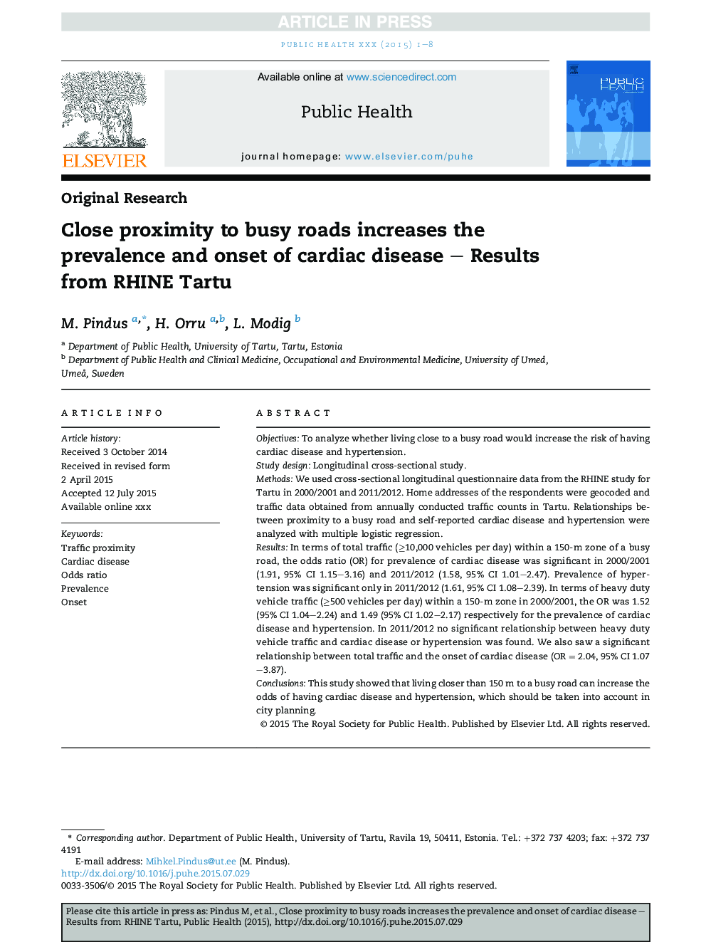 Close proximity to busy roads increases the prevalence and onset of cardiac disease - Results from RHINE Tartu