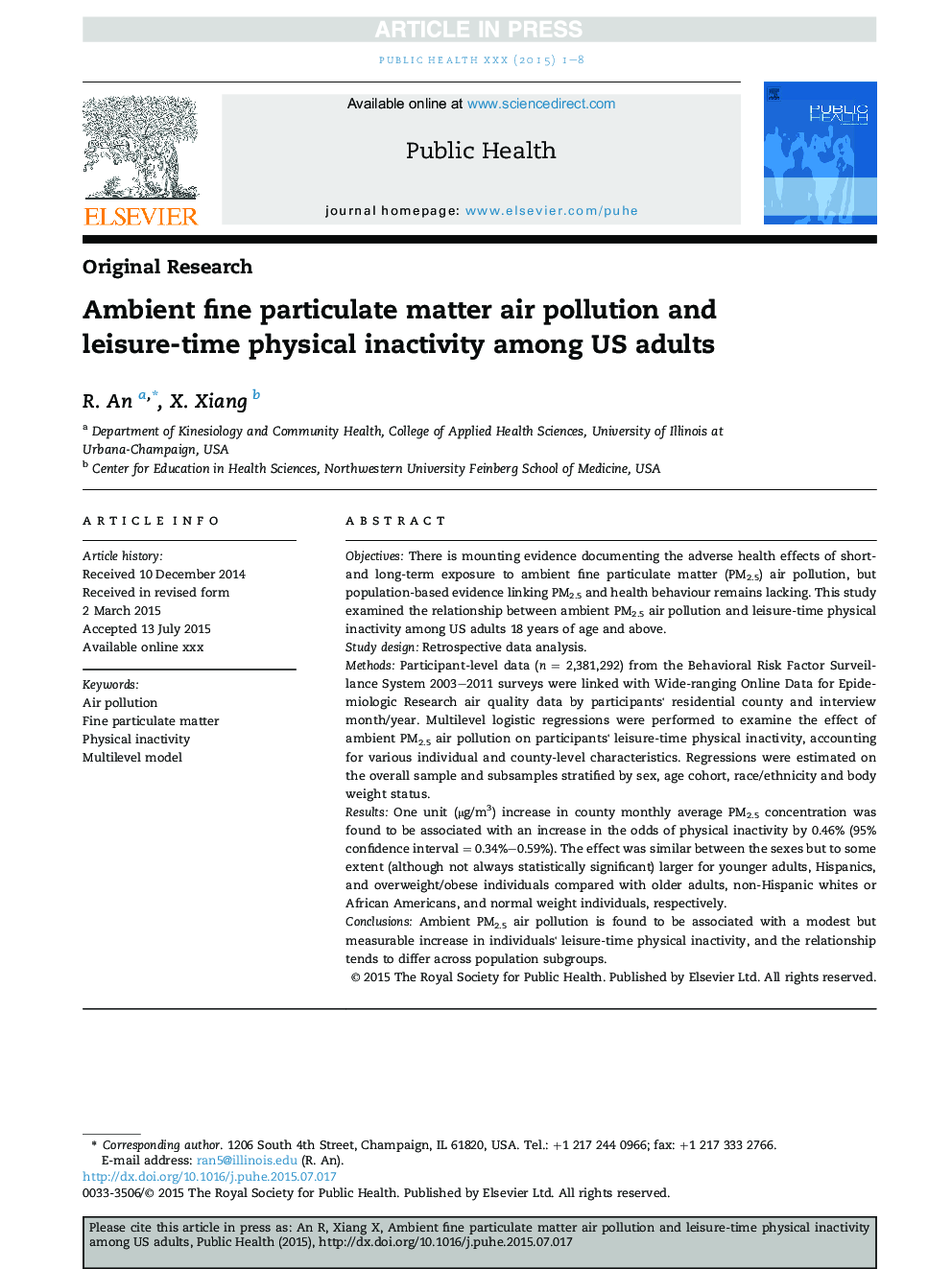 Ambient fine particulate matter air pollution and leisure-time physical inactivity among US adults
