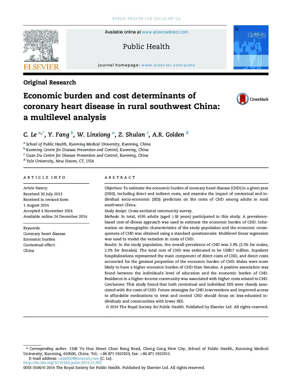 Economic burden and cost determinants of coronary heart disease in rural southwest China: a multilevel analysis