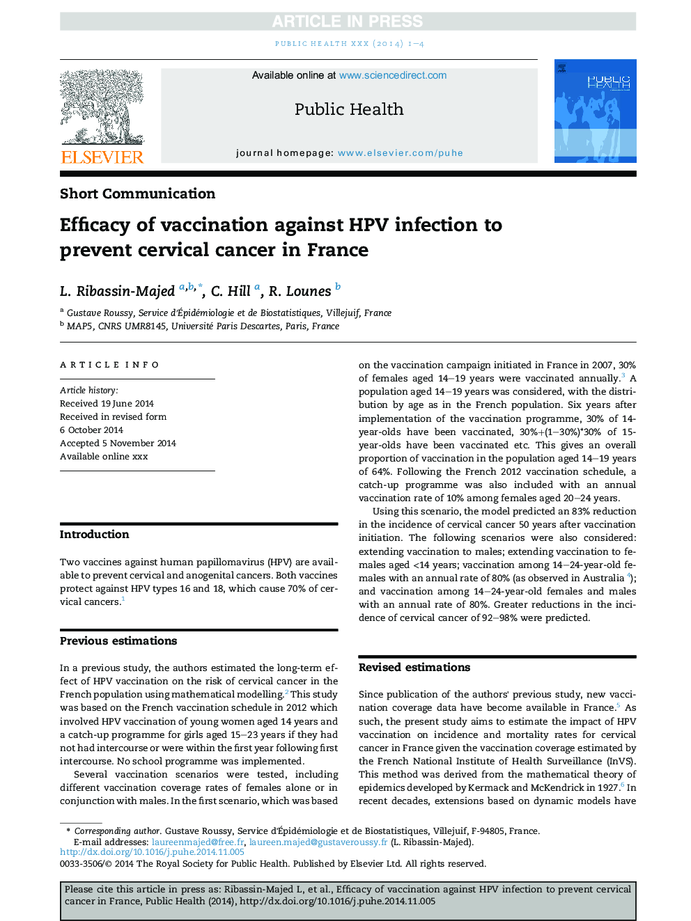 Efficacy of vaccination against HPV infection to prevent cervical cancer in France