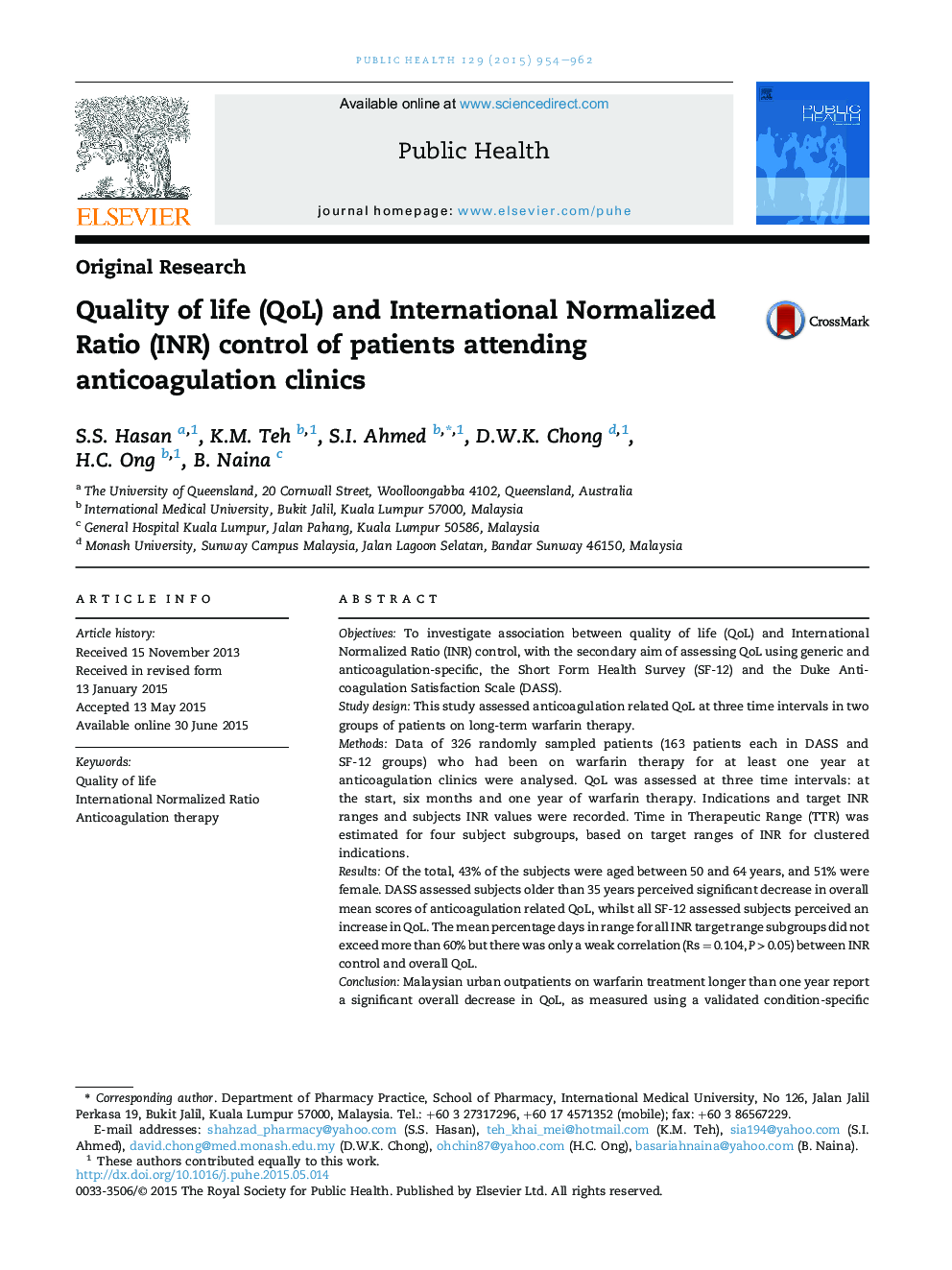 Quality of life (QoL) and International Normalized Ratio (INR) control of patients attending anticoagulation clinics