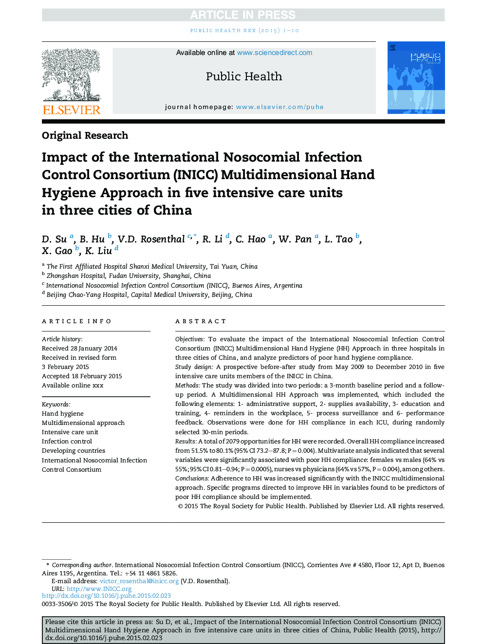 Impact of the International Nosocomial Infection Control Consortium (INICC) Multidimensional Hand Hygiene Approach in five intensive care units inÂ three cities of China