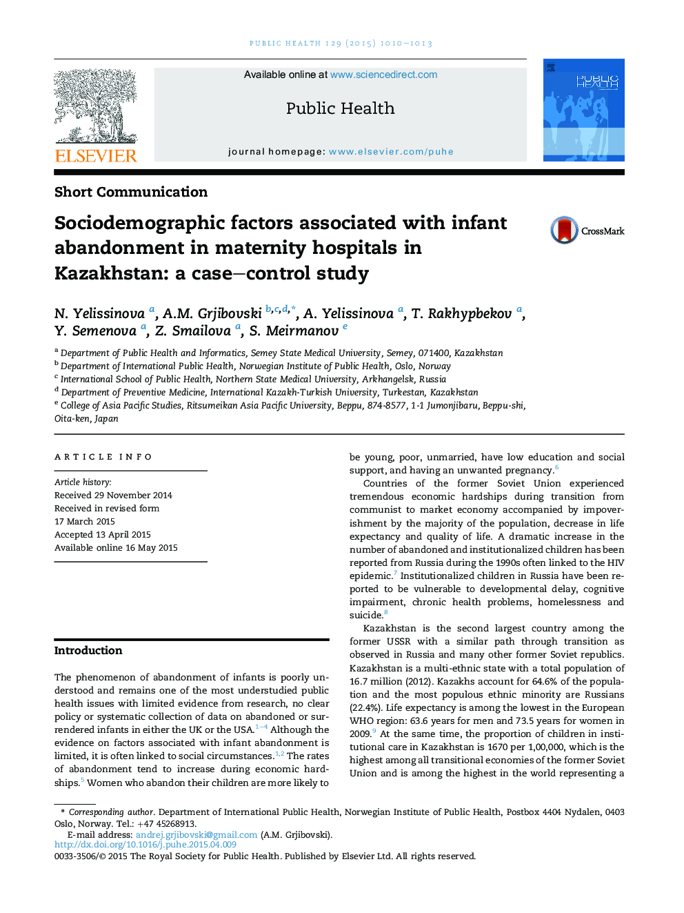 Sociodemographic factors associated with infant abandonment in maternity hospitals in Kazakhstan: a case-control study