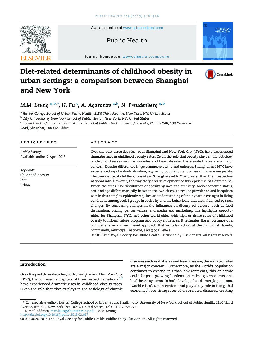 عوامل تعیین کننده رژیم غذایی چاقی کودکان در محیط های شهری: مقایسهای بین شانگهای و نیویورک 
