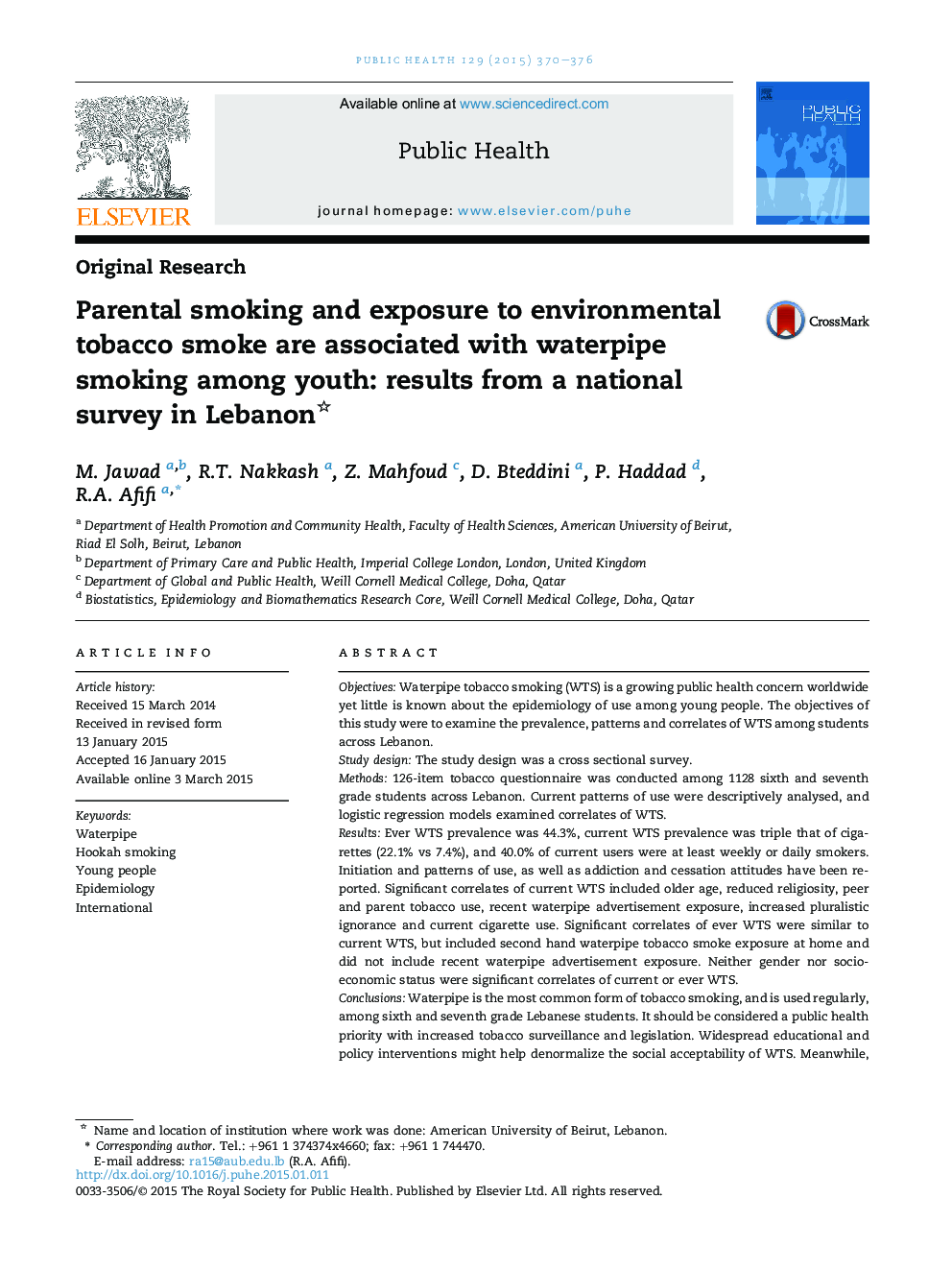 Parental smoking and exposure to environmental tobacco smoke are associated with waterpipe smoking among youth: results from a national survey in Lebanon