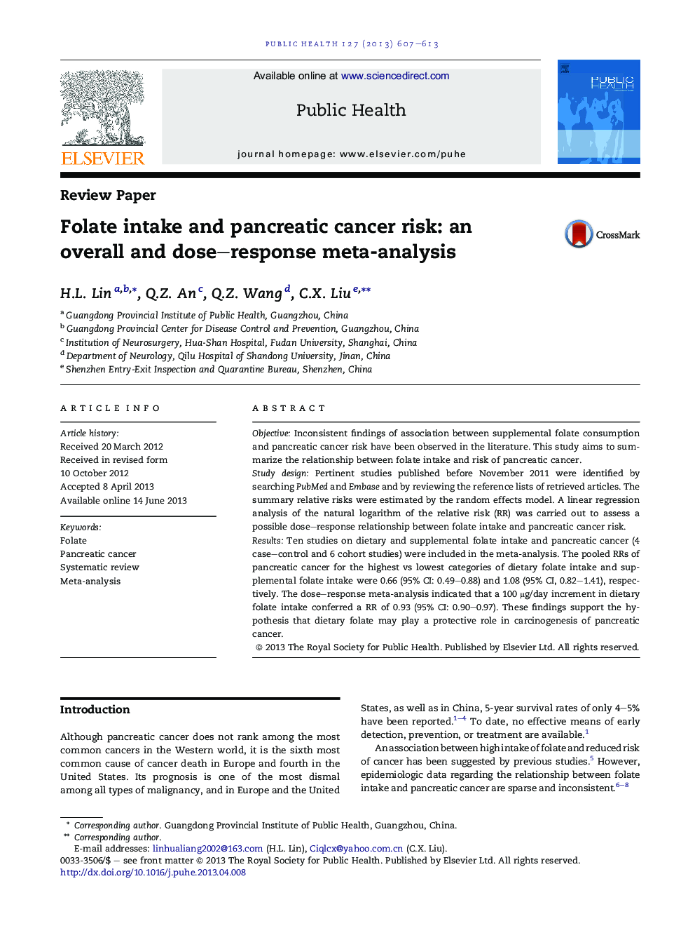 Folate intake and pancreatic cancer risk: an overall and dose-response meta-analysis
