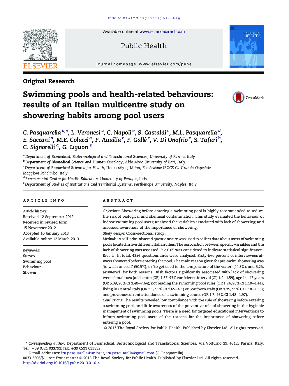 Swimming pools and health-related behaviours: results of an Italian multicentre study on showering habits among pool users