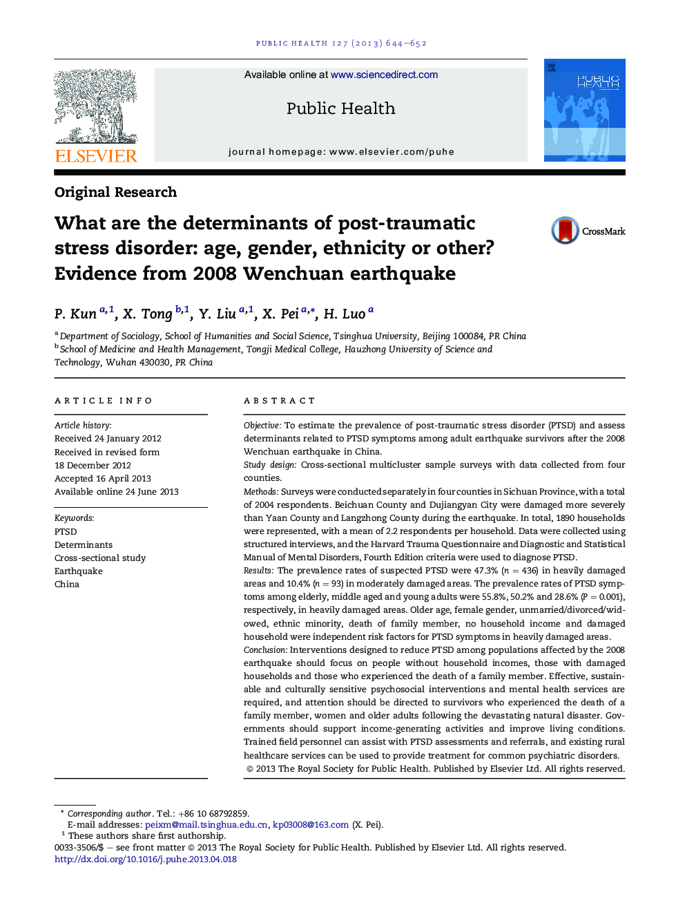 What are the determinants of post-traumatic stress disorder: age, gender, ethnicity or other? Evidence from 2008 Wenchuan earthquake