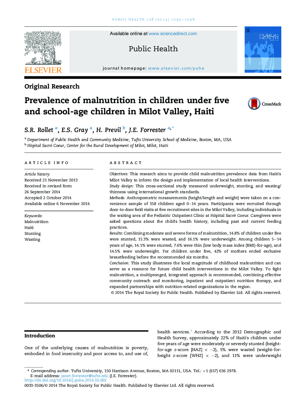 Prevalence of malnutrition in children under five and school-age children in Milot Valley, Haiti