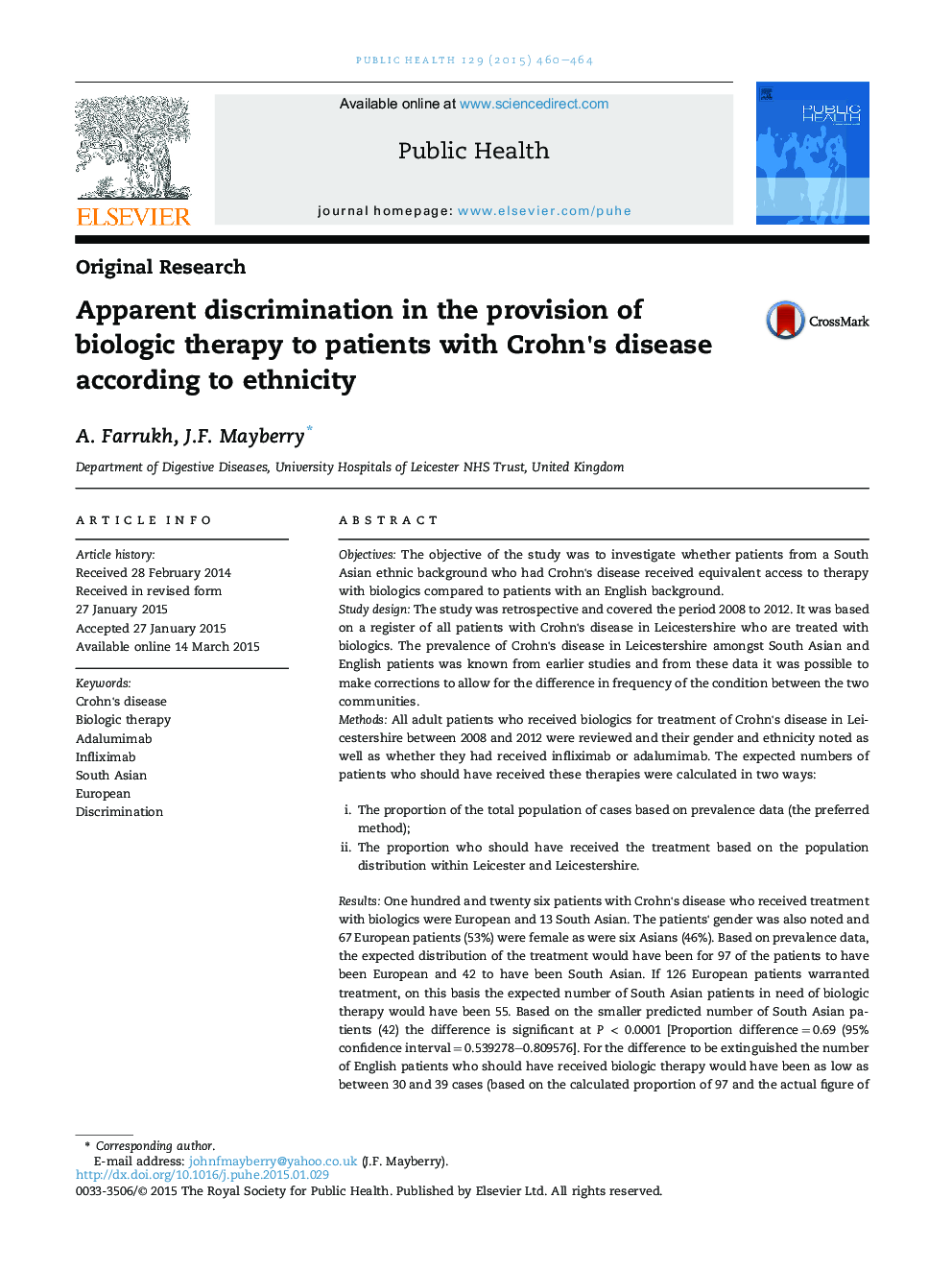 Apparent discrimination in the provision of biologic therapy to patients with Crohn's disease according to ethnicity