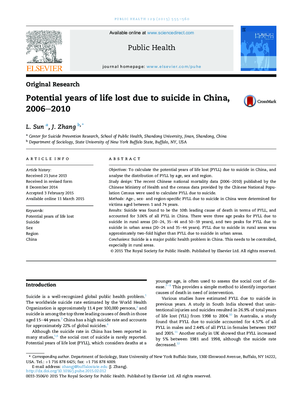 سال های طولانی زندگی به دلیل خودکشی در چین، 2006-2010، از دست داده است 